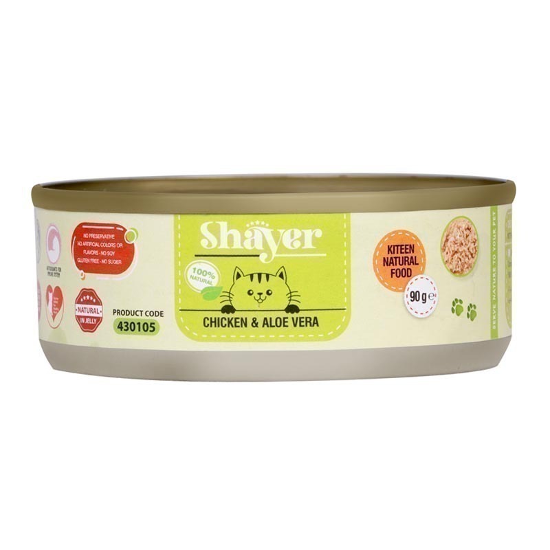 کنسرو غذای بچه گربه با طعم مرغ و آلوئه ورا شایر Shayer Natural With Chicken & Aloevera وزن 90 گرم