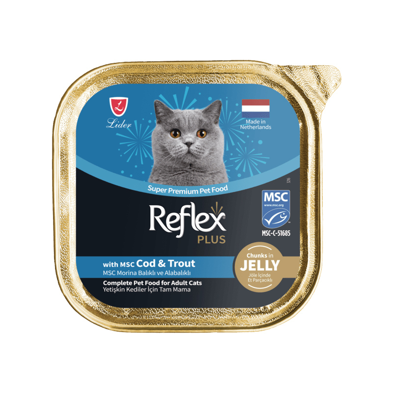 غذای کاسه ای گربه رفلکس پلاس با طعم ماهی کاد و قزل‌آلا در ژله Reflex Plus Super Premium with Cod & Trout In Jelly وزن 85 گرم
