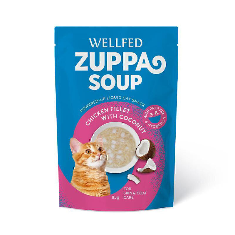 سوپ گربه ولفد با طعم تکه های مرغ با نارگیل WellFed Chicken Fillet And Coconut Soup وزن 85 گرم