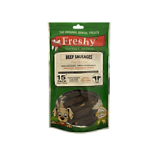 تشویقی سوسیسی دنتال سگ با طعم گوشت فرشی Freshy Dental Beef Sausage بسته 15 عددی