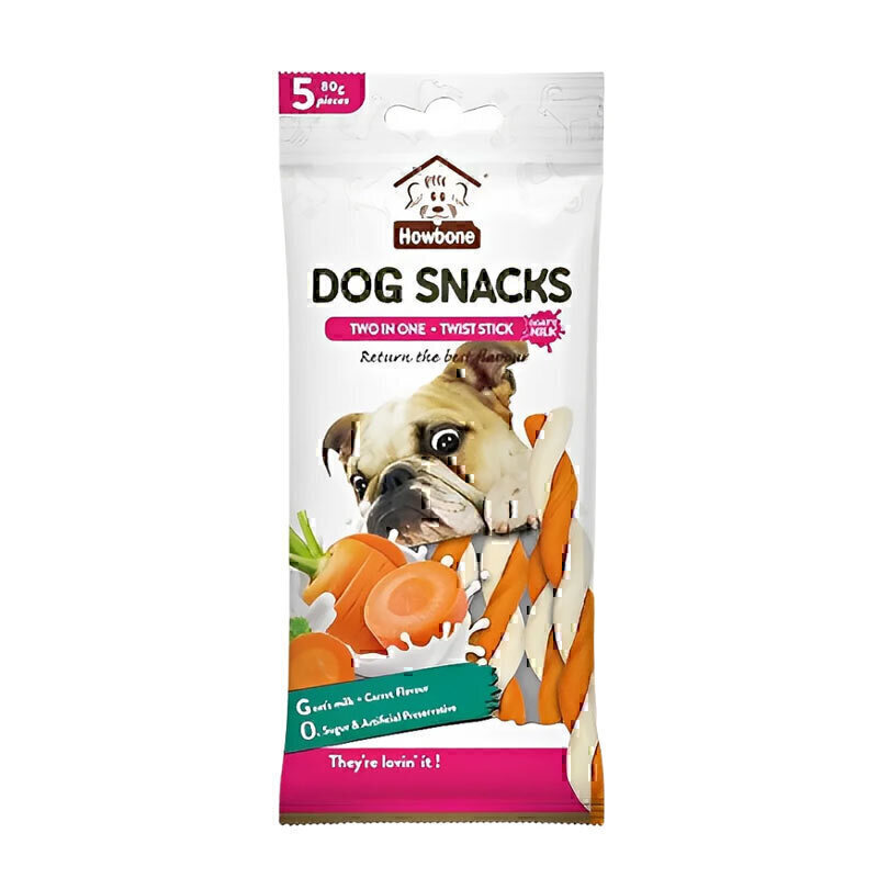 اسنک تشویقی پیچی سگ هابون با طعم شیر بُز و هویج Howbone Dog Twist Snacks With Goat's Milk And Carrot بسته 5 عددی