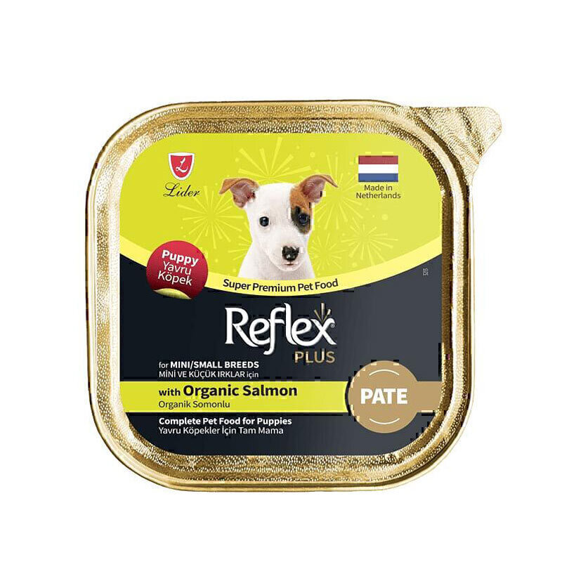 غذای کاسه‌ای توله سگ نژاد کوچک رفلکس پلاس پته با طعم سالمون ارگانیک Reflex Plus Pate Dog Food With Organic Salmon وزن ۸۵ گرم