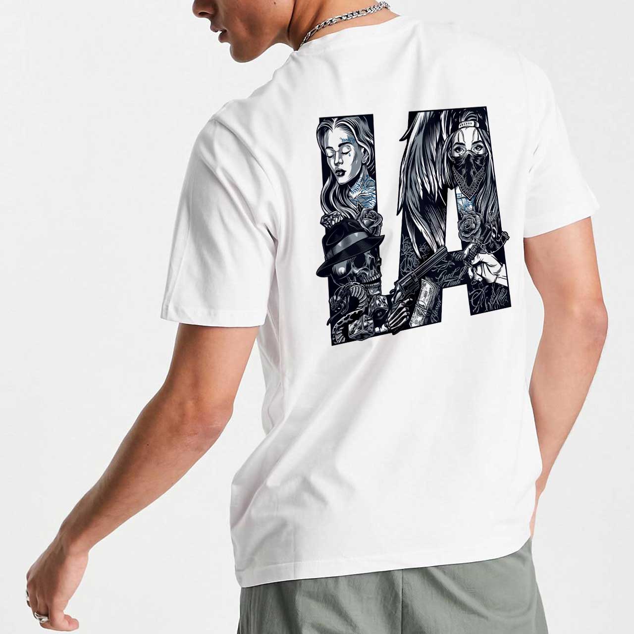 تیشرت طرح لس آنجلس LA اسکلت و مار و دختر نقابدار