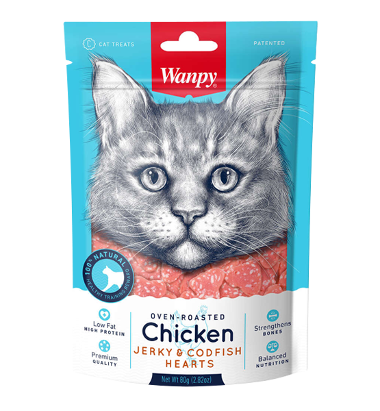تشویقی گربه ونپی مدل Chicken Jerky & Codfish Hearts وزن 80 گرم