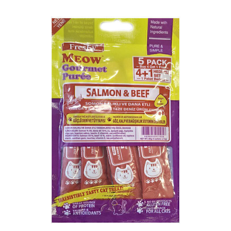 بستنی گربه مناسب برای پوست و مو با طعم ماهی سالمون و گوشت گاو فرشی Freshy Puree Salmon & Beef بسته 5 عددی