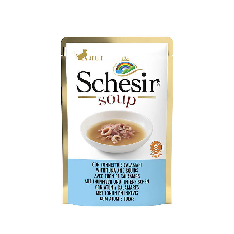 پوچ گربه شسیر با طعم ماهی تن و ماهی مرکب در سوپ Schesir Tuna Wild Tuna And Squids In Soup وزن 85 گرم