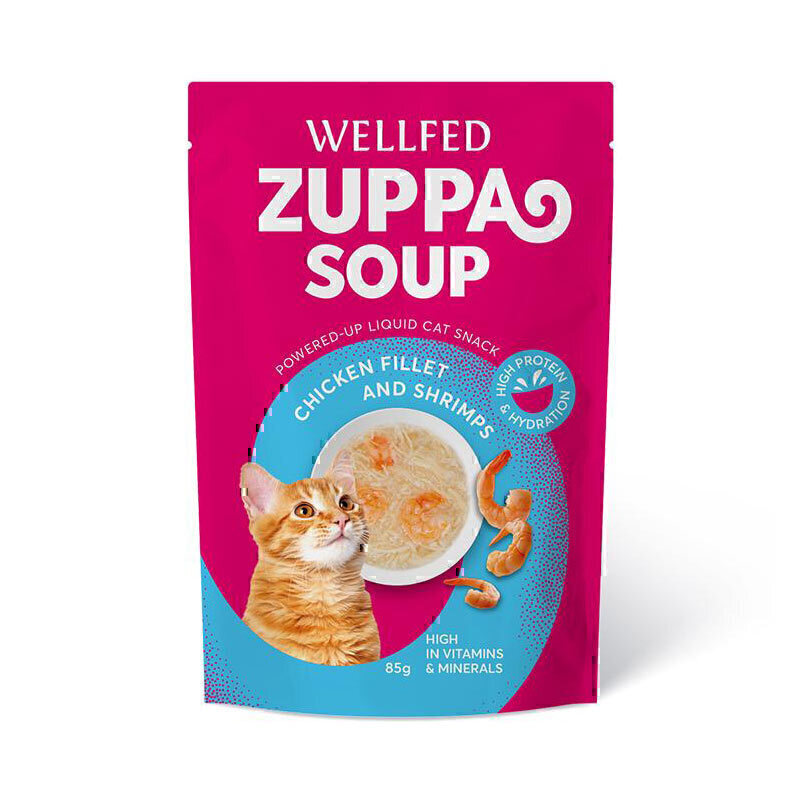 سوپ گربه ولفد با طعم تکه های مرغ با میگو WellFed Chicken Fillet And Shrimp Soup وزن 85 گرم