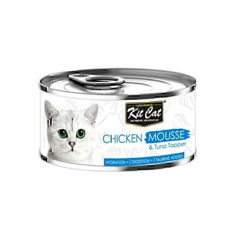 کنسرو غذای گربه کیت کت با طعم موس مرغ و رویه تن ماهی Kit Cat Canned Food With Chicken Mousse & Tuna Topper وزن 80 گرم