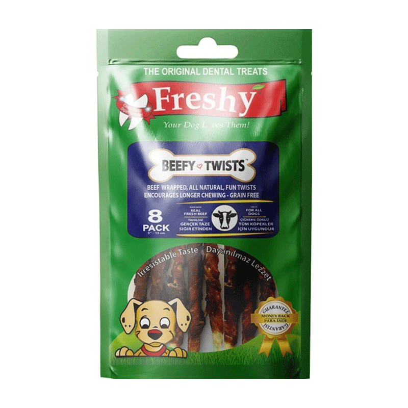 تشویقی دنتال سگ با طعم گوشت فرشی Freshy Dental Beefy Twists بسته 8 عددی