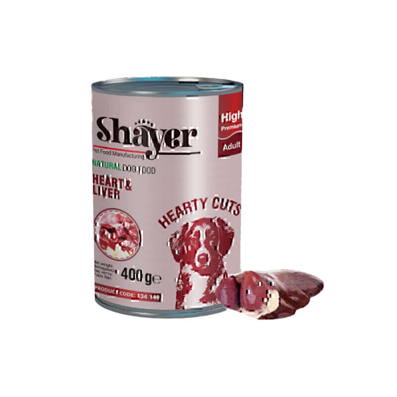 کنسرو غذای سگ دل و جگر مرغ در سس مخصوص شایر Shayer Natural Dog Food Heart & Liver وزن 400 گرم
