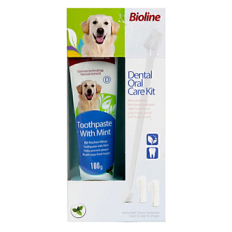 کیت مراقبت از دهان و دندان سگ بایولاین با طعم نعناع Bioline Dental Oral Care Kit With Mint Flavor وزن 100 گرم